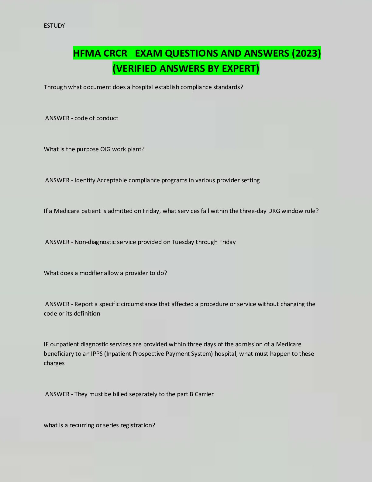 Preview image for HFMA CRCR EXAM QUESTIONS AND ANSWERS (2023)  (VERIFIED ANSWERS BY EXPERT)